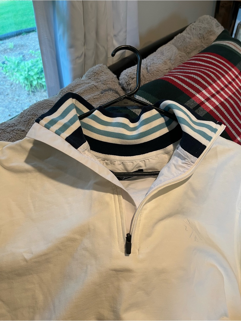 Unisex Cream Half-Zip Shirt with Navy-Trim Stand Collar - Picture 10 of 10